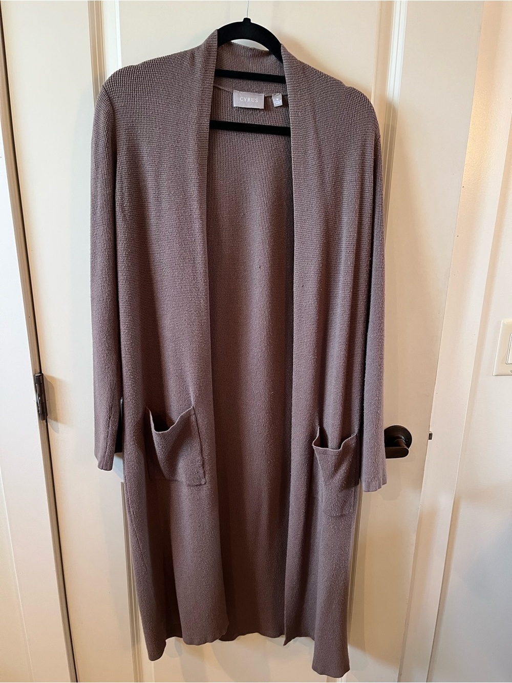 Cyrus Long Open-Front Knit Cardigan in Taupe